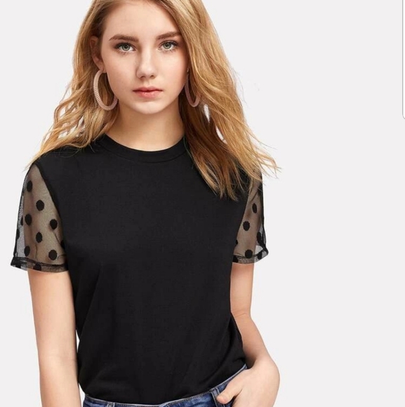 Tops - Polka Dot Mesh Panel Sleeve Tee